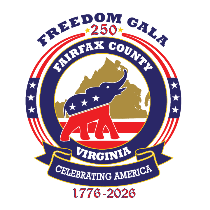 Freedom Gala 250 seal — a red, white, and blue circular badge with a patriotic elephant over a gold outline of Virginia, reading Fairfax County, Virginia, Celebrating America, 1776–2026.